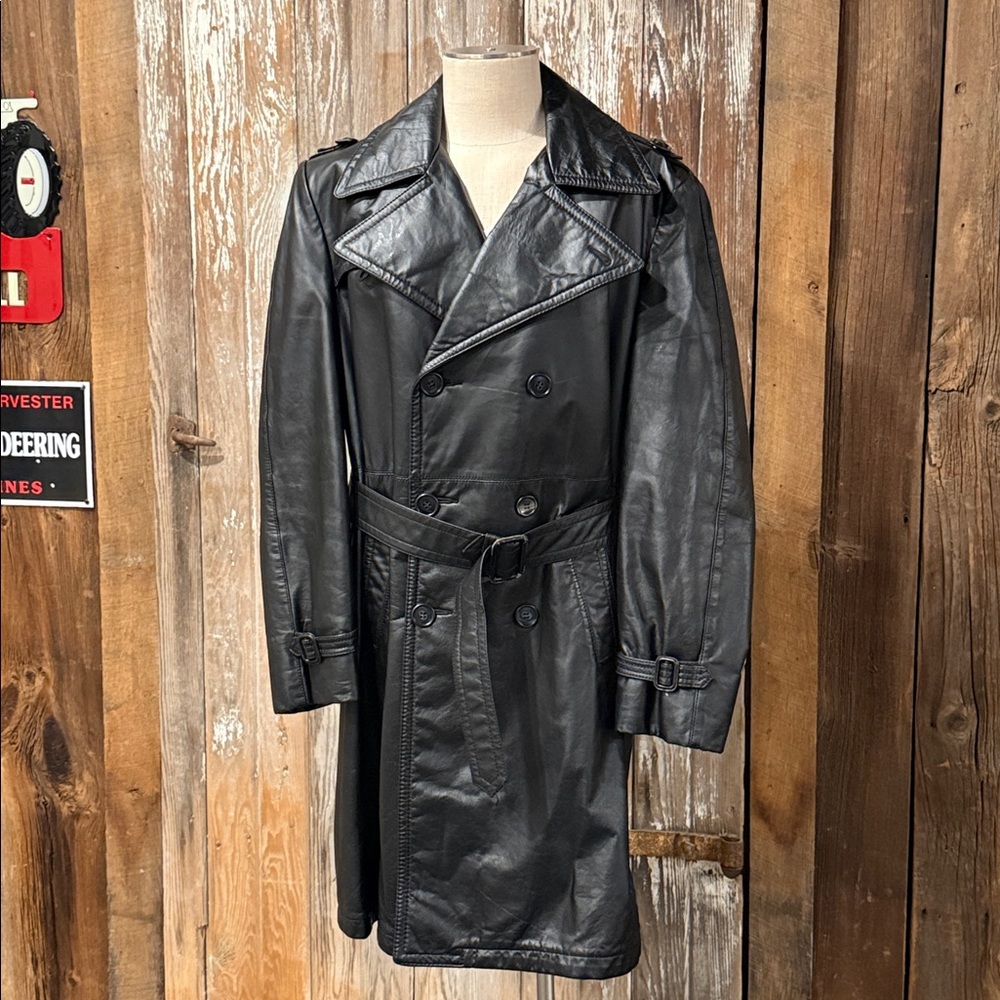 VINTAGE 70s LAKELAND Size 44 MENS Genuine Leather Black Trench Coat Duster Midi